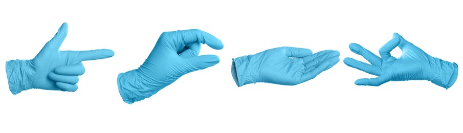 Image of Nitrile medical gloves isolated on white, collage collage of gestures