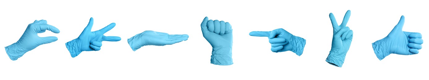 Image of Nitrile medical gloves isolated on white, collage collage of gestures
