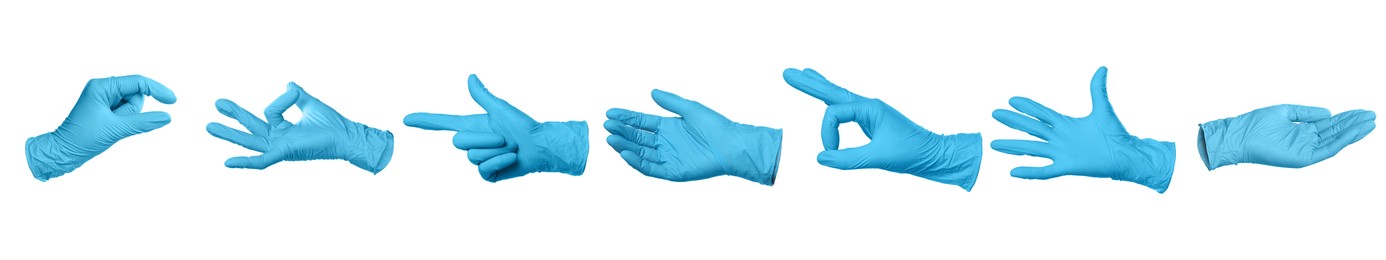 Image of Nitrile medical gloves isolated on white, collage collage of gestures