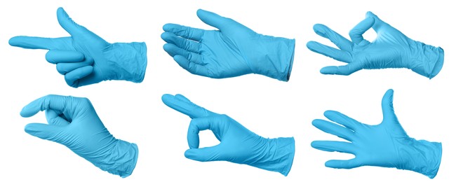 Image of Nitrile medical gloves isolated on white, collage collage of gestures