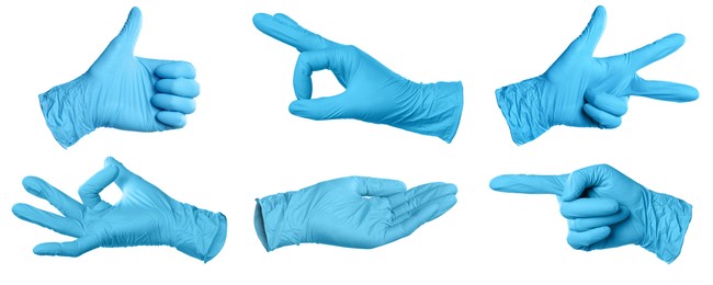 Image of Nitrile medical gloves isolated on white, collage collage of gestures