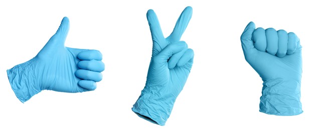Image of Nitrile medical gloves isolated on white, collage collage of gestures