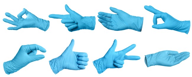 Image of Nitrile medical gloves isolated on white, collage collage of gestures