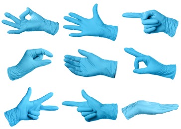 Image of Nitrile medical gloves isolated on white, collage collage of gestures