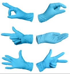 Image of Nitrile medical gloves isolated on white, collage collage of gestures