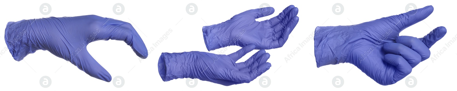 Image of Blue nitrile medical gloves isolated on white, collage of gestures