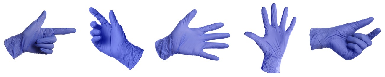 Image of Blue nitrile medical gloves isolated on white, collage of gestures