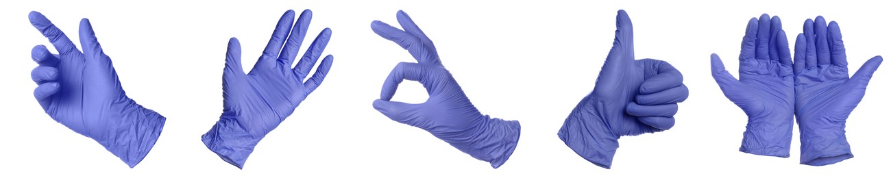 Image of Blue nitrile medical gloves isolated on white, collage of gestures