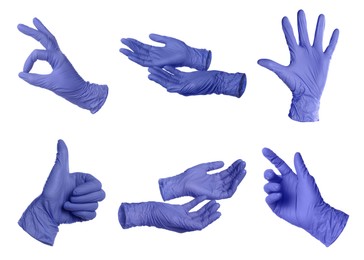 Image of Blue nitrile medical gloves isolated on white, collage of gestures