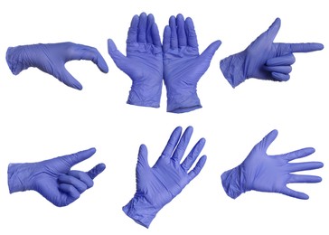 Image of Blue nitrile medical gloves isolated on white, collage of gestures