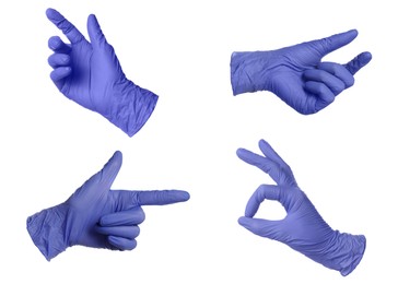 Image of Blue nitrile medical gloves isolated on white, collage of gestures