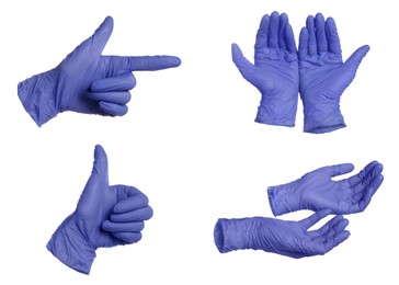 Image of Blue nitrile medical gloves isolated on white, collage of gestures