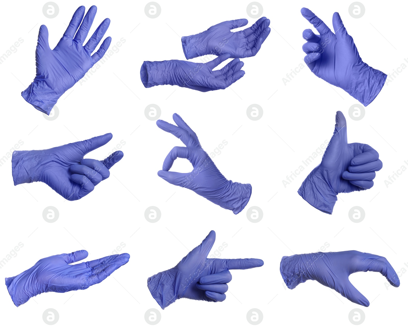 Blue nitrile medical gloves isolated on white, collage of gestures Image of Blue nitrile medical gloves isolated on white, collage of gestures