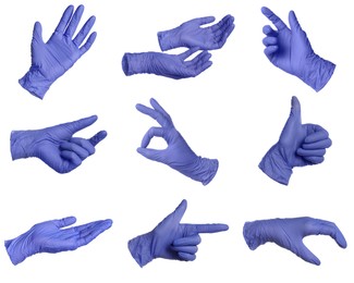Image of Blue nitrile medical gloves isolated on white, collage of gestures