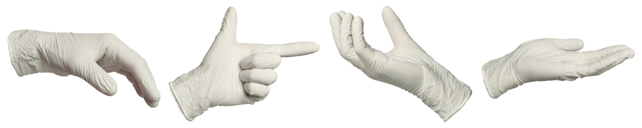 Image of Nitrile medical gloves isolated on white, collage collage of gestures