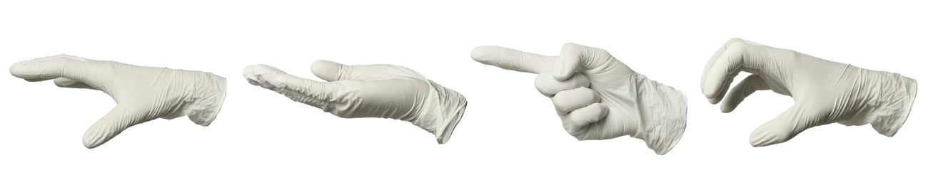 Image of Nitrile medical gloves isolated on white, collage collage of gestures