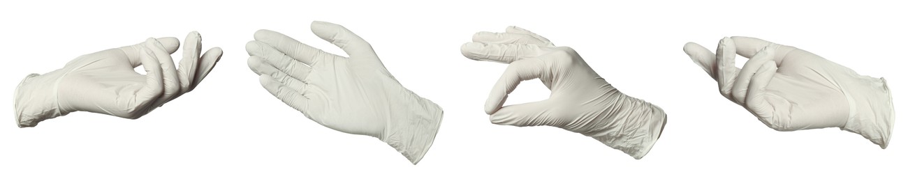 Image of Nitrile medical gloves isolated on white, collage collage of gestures