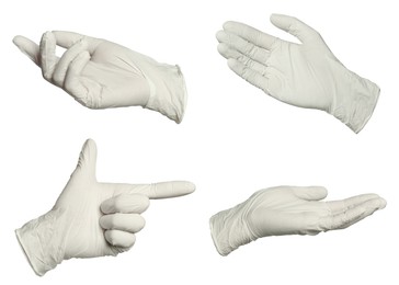 Image of Nitrile medical gloves isolated on white, collage collage of gestures