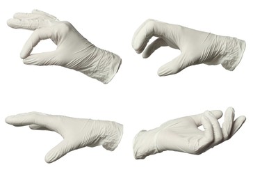 Image of Nitrile medical gloves isolated on white, collage collage of gestures