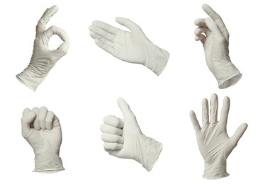 Image of Nitrile medical gloves isolated on white, collage collage of gestures