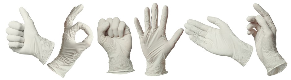 Image of Nitrile medical gloves isolated on white, collage collage of gestures