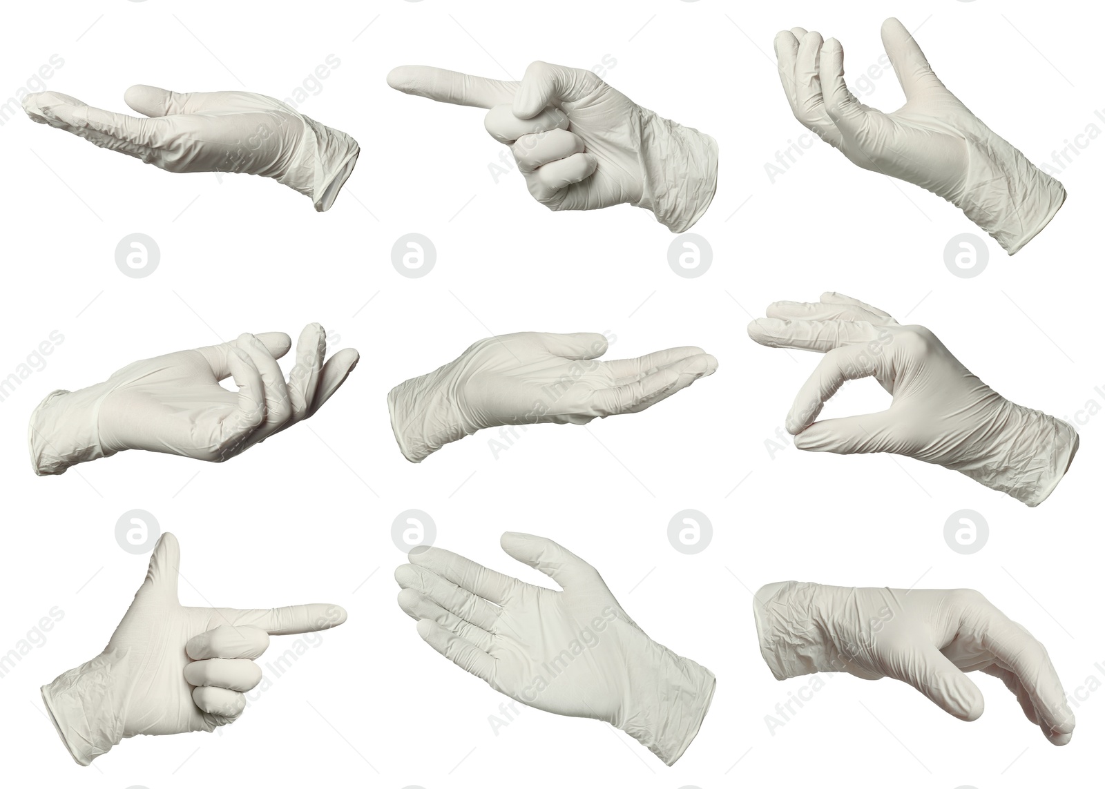 Image of Nitrile medical gloves isolated on white, collage collage of gestures
