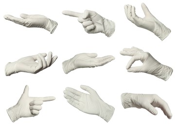 Image of Nitrile medical gloves isolated on white, collage collage of gestures