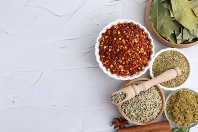 Photo of Different aromatic spices on light grey textured table, flat lay. Space for text