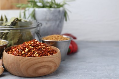Photo of Different aromatic spices on grey table, selective focus. Space for text