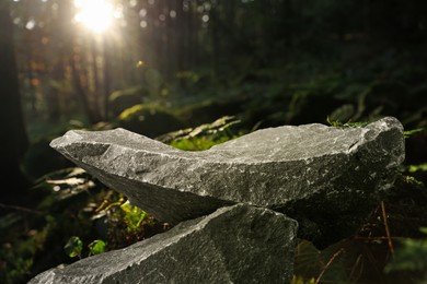 Image of Podium for product presentation made of stones in forest. Space for design