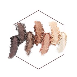 Image of Crushed eye shadows and frame on white background. Color palette of makeup product
