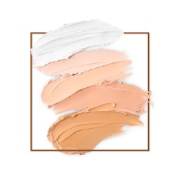 Image of Different shades of foundation and frame on white background. Color palette of makeup product