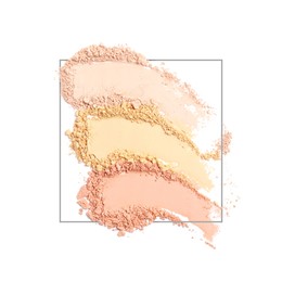 Image of Different shades of crushed face powder and frame on white background. Color palette of makeup product
