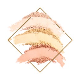 Image of Different shades of crushed face powder and frame on white background. Color palette of makeup product