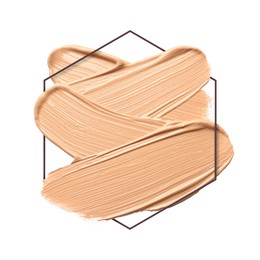 Image of Different shades of foundation and frame on white background. Color palette of makeup product