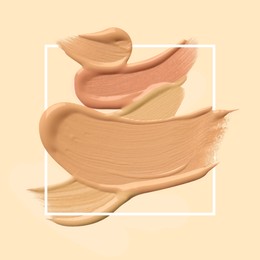 Image of Different shades of foundation and frame on beige background. Color palette of makeup product