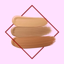 Image of Different shades of foundation and frame on lilac background. Color palette of makeup product