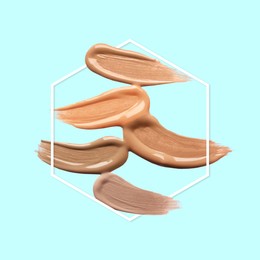 Image of Different shades of foundation and frame on light blue background. Color palette of makeup product