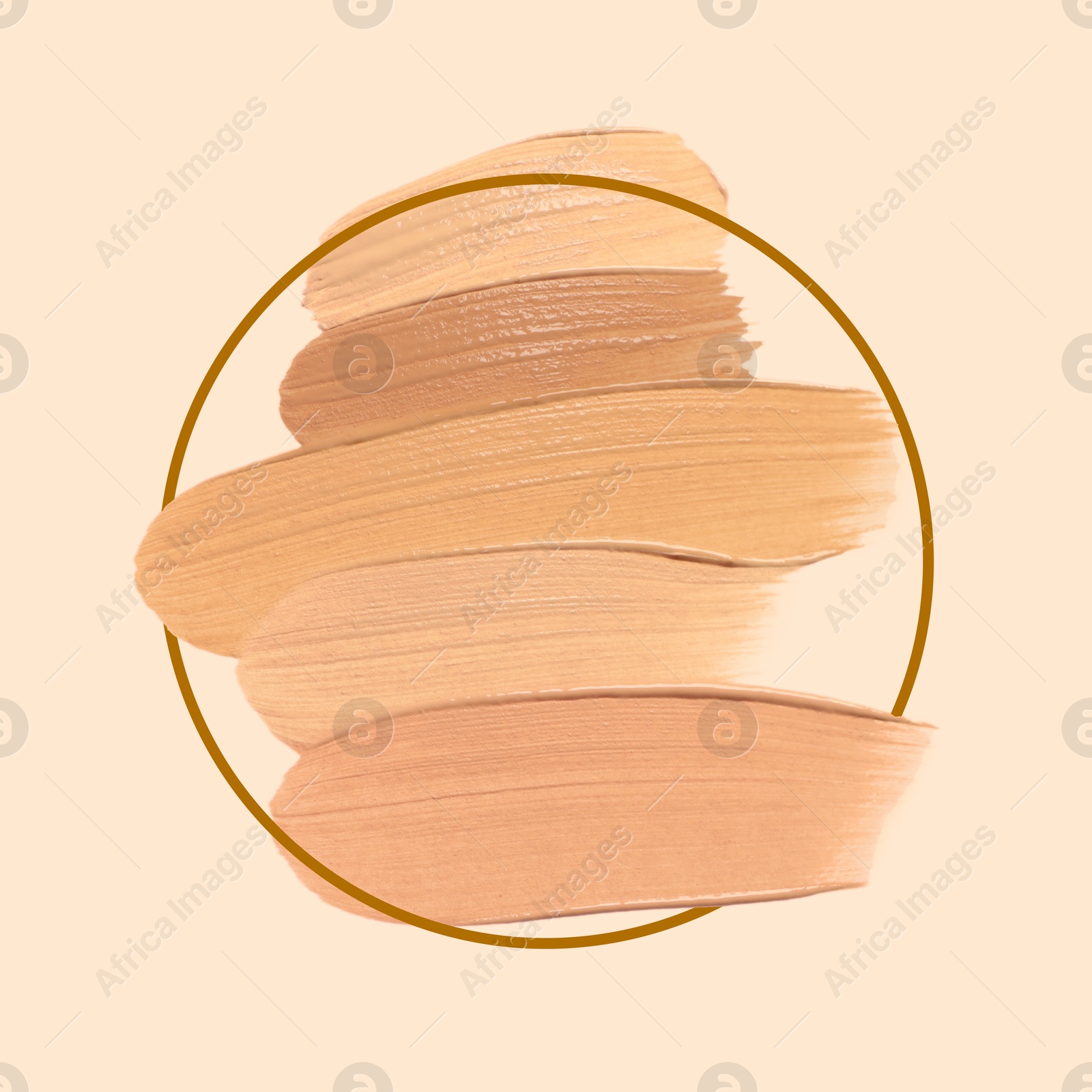 Image of Different shades of foundation and frame on beige background. Color palette of makeup product