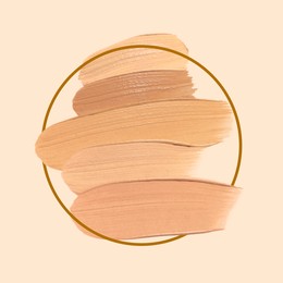 Image of Different shades of foundation and frame on beige background. Color palette of makeup product
