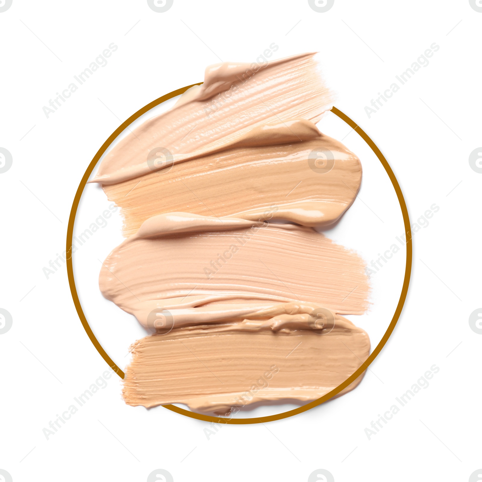 Image of Different shades of foundation and frame on white background. Color palette of makeup product