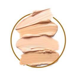 Image of Different shades of foundation and frame on white background. Color palette of makeup product