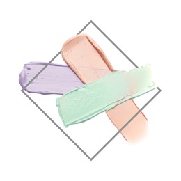 Image of Strokes of pink, green and purple color correcting concealers and frame on white background