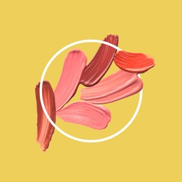 Image of Different shades of liquid lipstick and frame on golden background. Color palette of makeup product