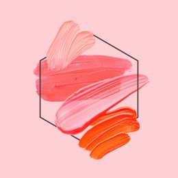 Image of Different shades of liquid lipstick and frame on pink background. Color palette of makeup product