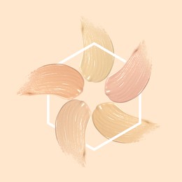 Image of Different shades of foundation and frame on beige background. Color palette of makeup product