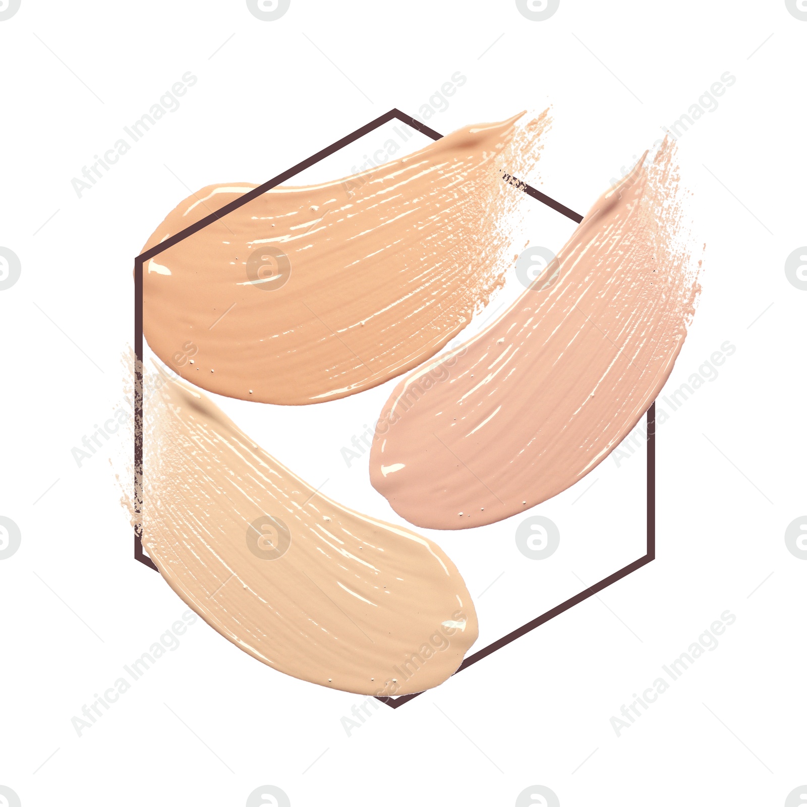 Image of Different shades of foundation and frame on white background. Color palette of makeup product