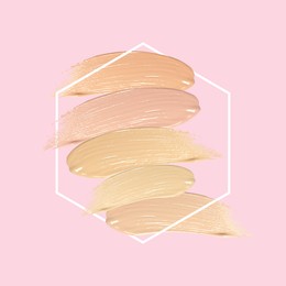 Image of Different shades of foundation and frame on pink background. Color palette of makeup product
