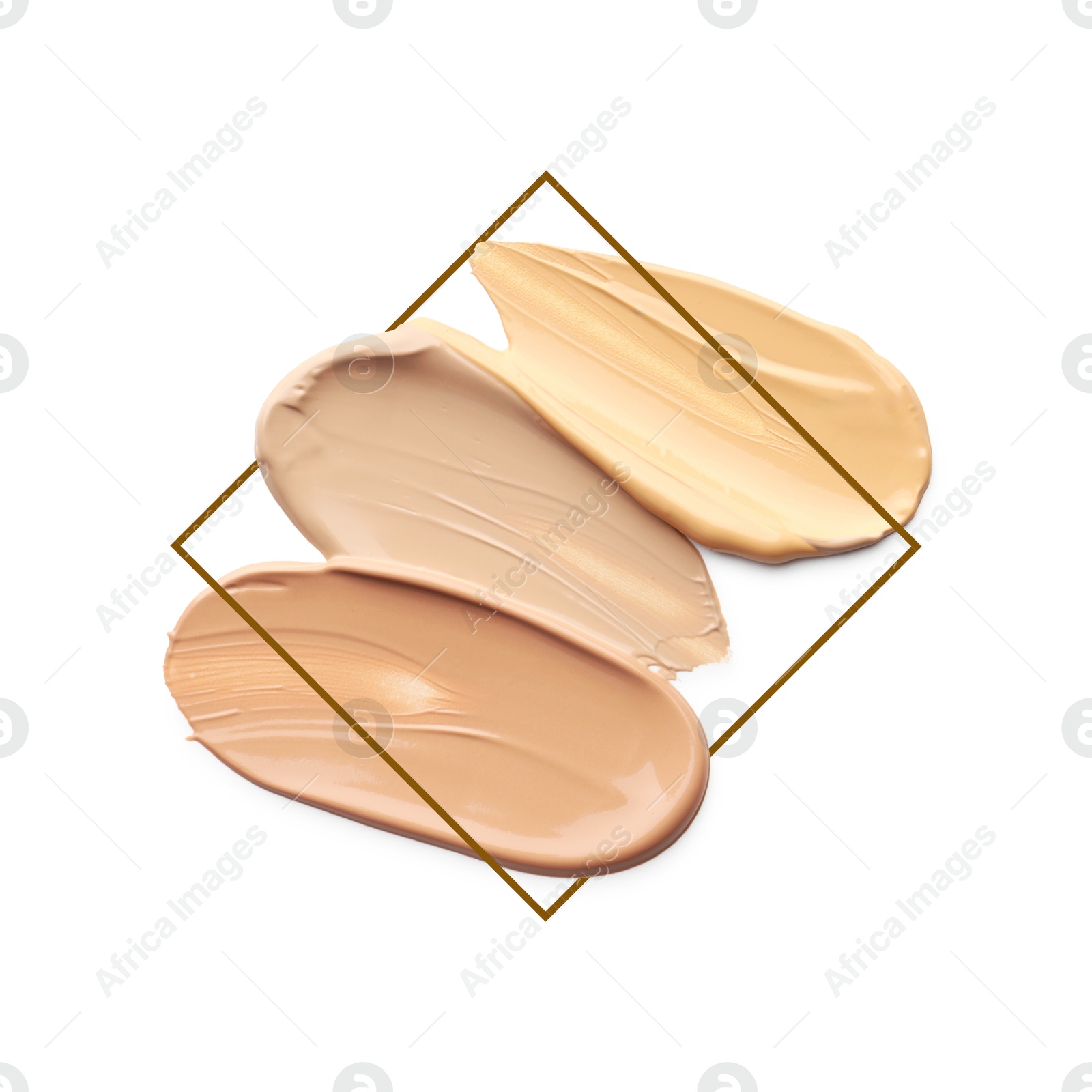 Image of Different shades of foundation and frame on white background. Color palette of makeup product
