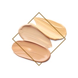 Image of Different shades of foundation and frame on white background. Color palette of makeup product